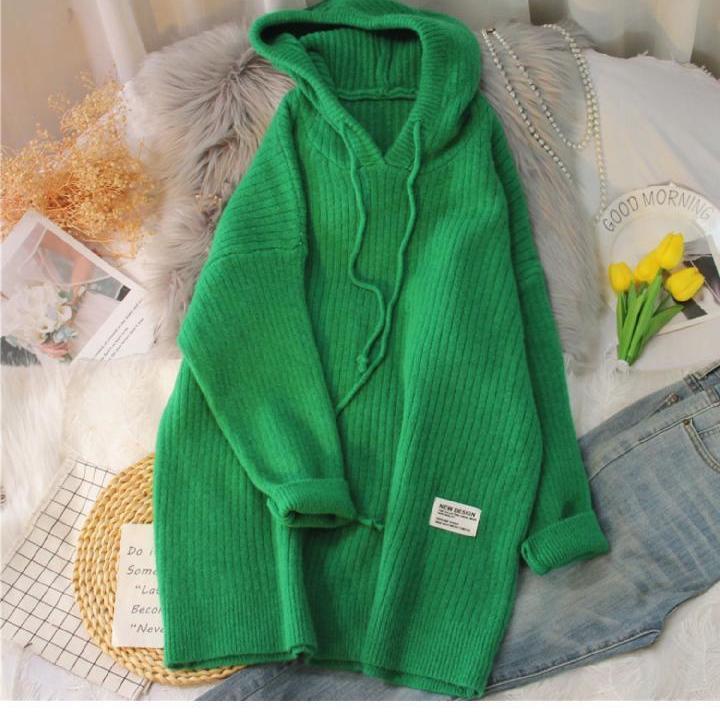 WTEMPO Hooded Long Sweater Drop Shoulder Women Autumn Winter Solid Knitted Pullovers Warm Loose Casual Knitwear Hoody Jumper
