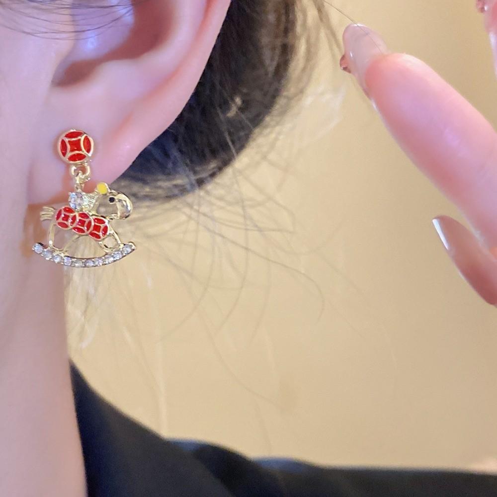Fashion Jewelry New Year Horse Earrings Rhinestone Red Drop Earrings  Wedding