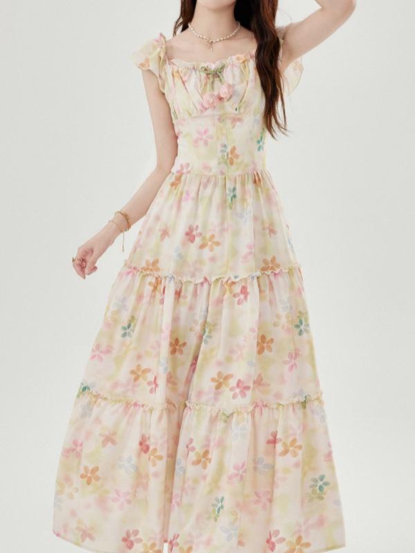 Robe débardeur amincissante à col carré français et manches bouffantes pour femme avec jupe midi florale d'été