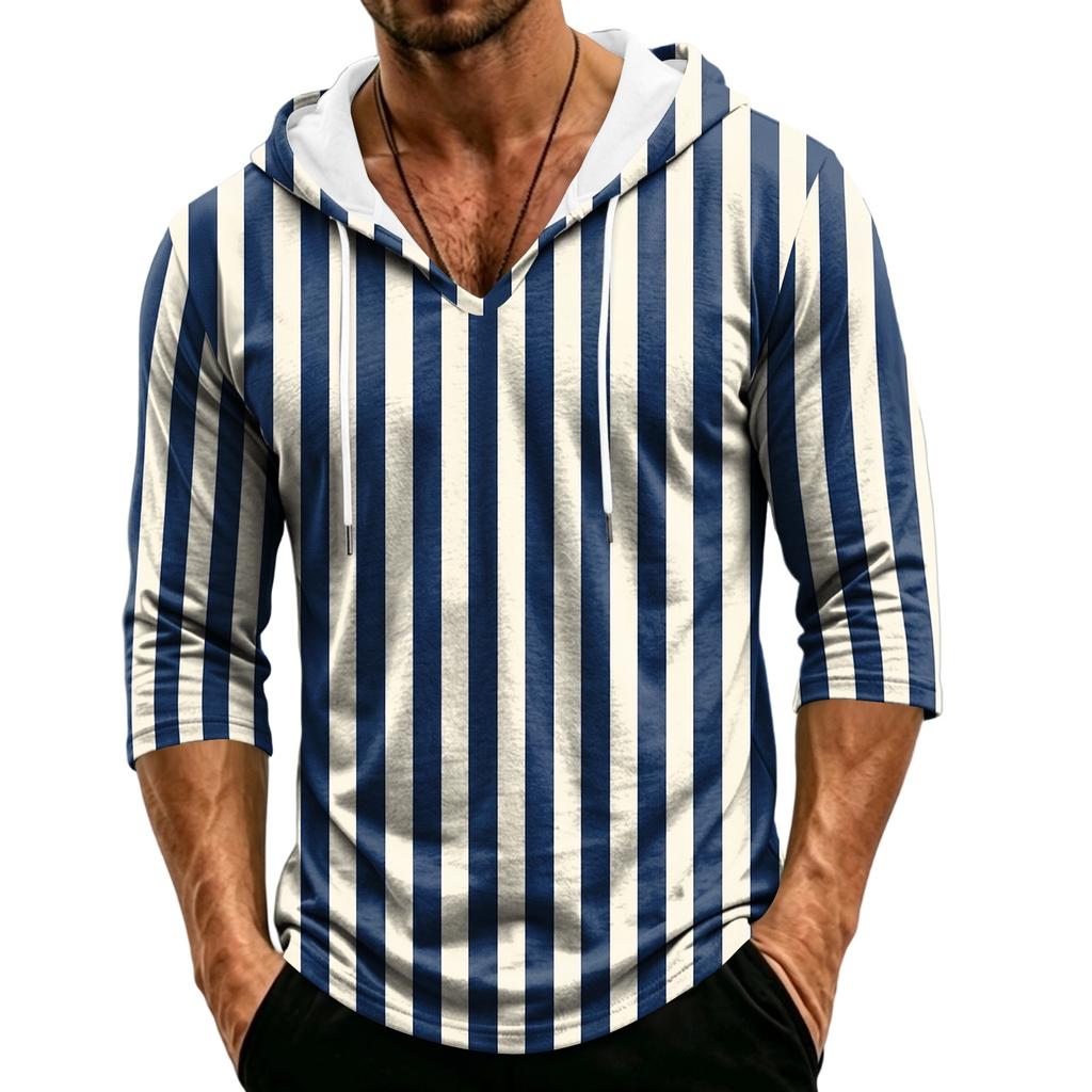 Men's Casual Hooded Striped Three-Quarter Sleeve T-Shirt