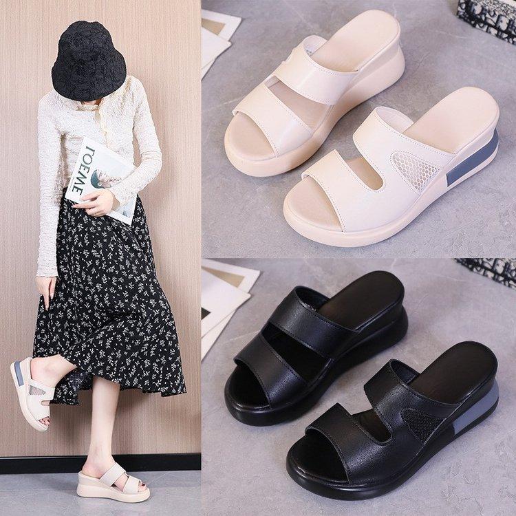 Wedge heel slippers women's summer high heel thick bottom one-word drag wear fish mouth women's cool slippers women