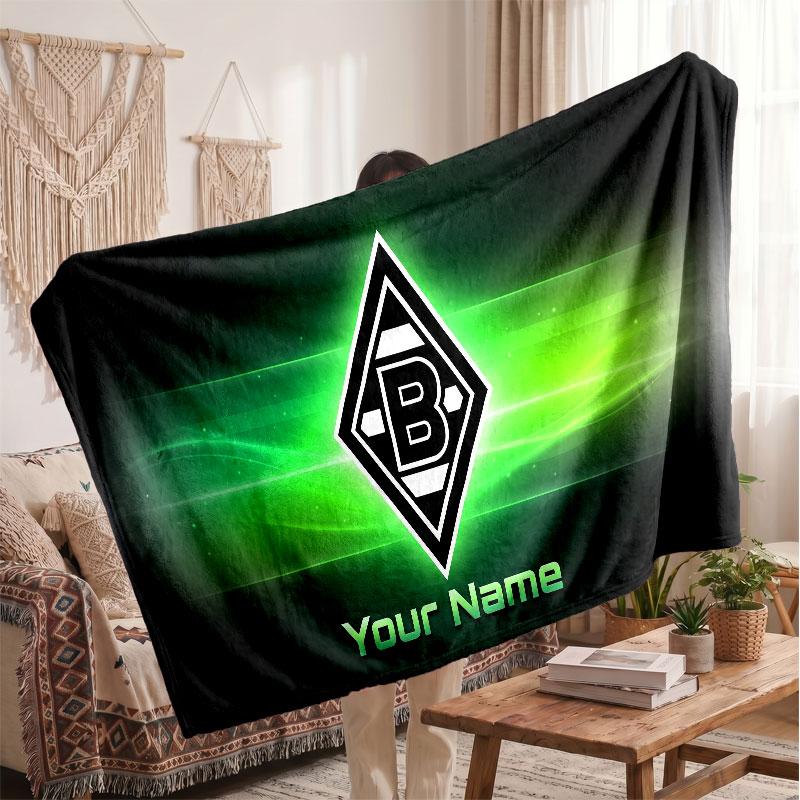 Borussia Mönchengladbach Personalized Fleece Blanket With Football Logo, Custom Name Text Soft Warm Home Throw Blanket