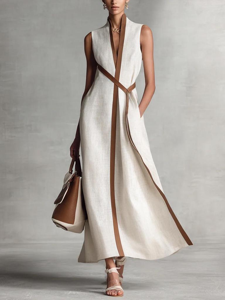 Color Block Sleeveless Belted Dress - 2026 European & American Fashion