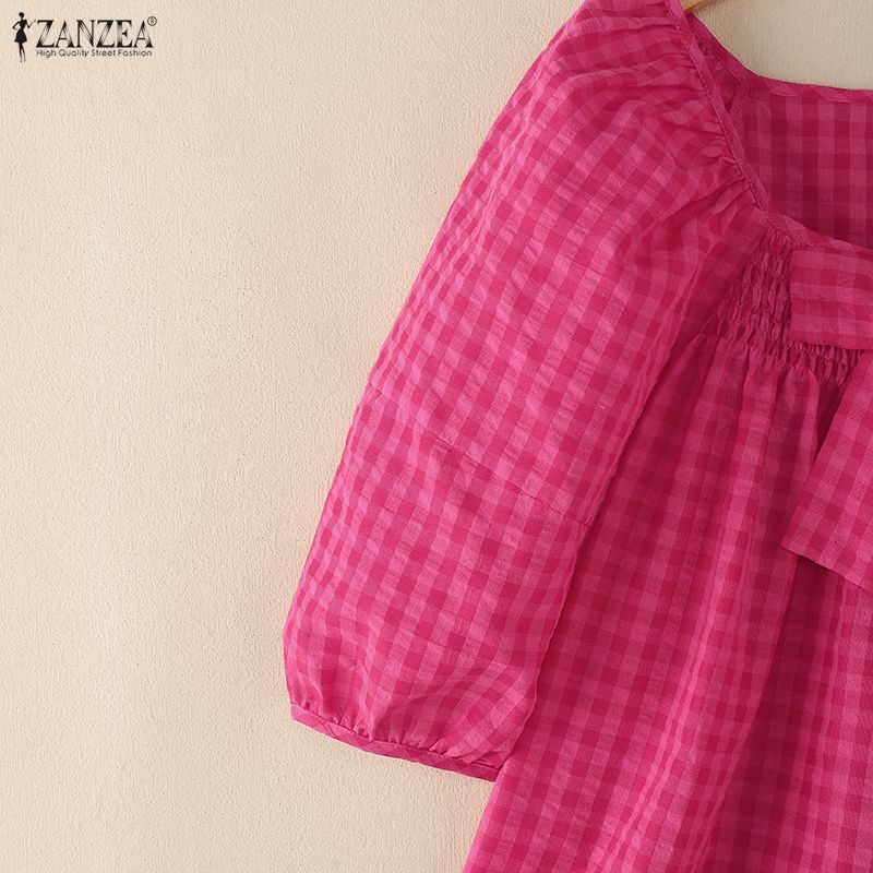 ZANZEA Women Square Collar Casual Short Sleeve Grid Print Blouse