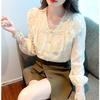 Casual Tops Dame Vintage Süße Rüschen Spitze Hemd Frauen Mode Slim Fit Langarm Bluse Frau Elegante Lose V-ausschnitt Shirts weibliche 24228