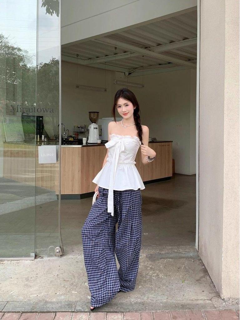 White Ruffled Bow Tie Strap Bandeau Top - Chic Slimming Waist-Cinched Summer Style for Women
