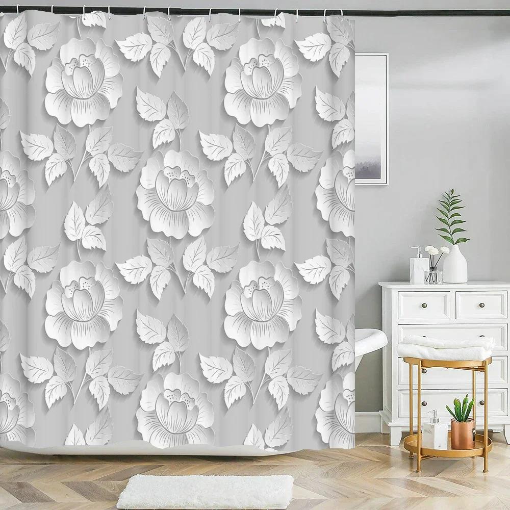 Flower Shower Curtain Bathroom Waterproof Polyester Shower Curtain Floral Printing Curtains for Bathroom Shower with Hooks