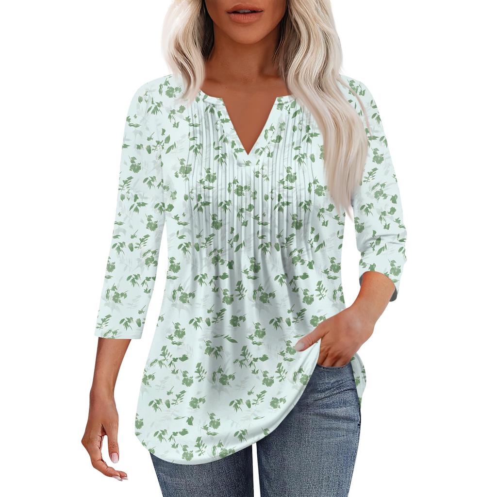 Γυναικείο μοντέρνο casual t-shirt με πλισέ λαιμόκοψη σε χρώμα V και μανίκια επτά τετάρτων