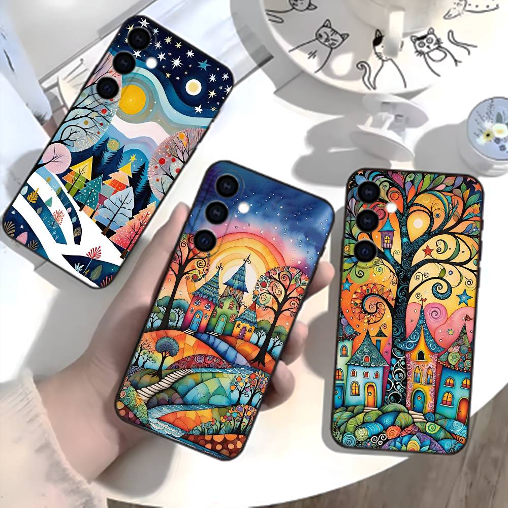 Whimsical landscape Starry Night Phone Case For Samsung Galaxy A73,A21s,A22,A31,A52,A53,A71,A41Soft Black Shell