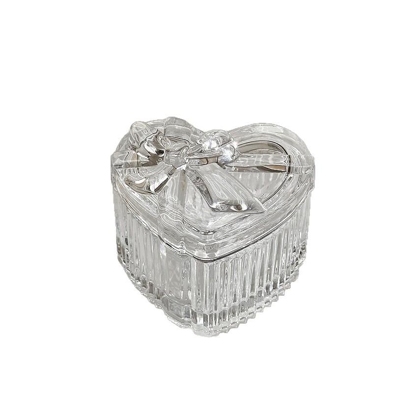 Heart Shape Clear Glass Jewelry Box with Bow, European Vintage Relief Decorative Organizer for Home Vanity