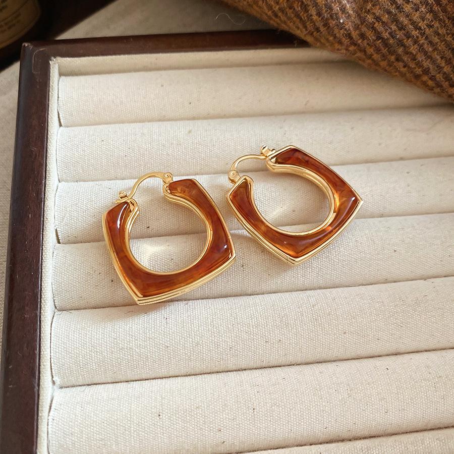 Silver Needle Retro Resin Geometric Round Oval Pendant Earrings Maillard Style Stud Earrings Niche Design Earrings Women