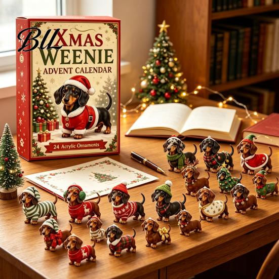 Ferienhaus Dekoration 3D Dackel Adventskalender mit 24 Einzigartigen Mini-Hundefiguren, Weihnachten Kreatives Geschenk Countdown Spielzeug Set für Kinder, Sammlerstück