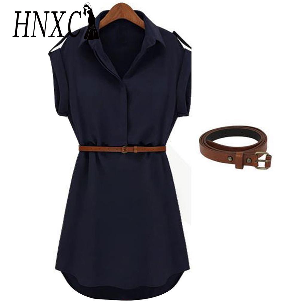 HNXC Women Fashion Casual Summer Loose Short Sleeve Belt Dress
