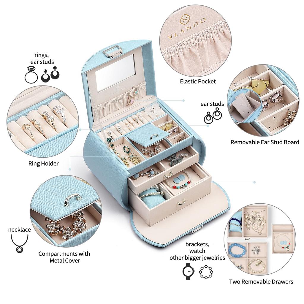 Vlando Semi-Circular Jewelry Box, Jewel Box, Mother's Day Sweet Gift, with Mirror, for Earrings, Necklaces, Rings, Accessory Case, Ring Holder, 5 Colo