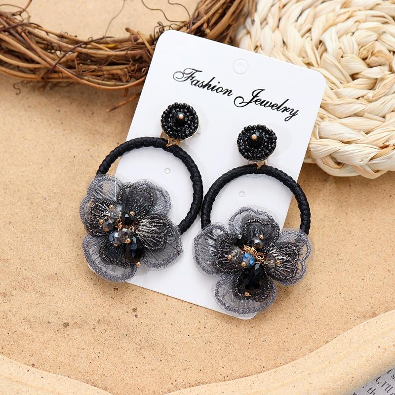 Vintage crystal flower big circle stud earrings long temperament personalized vacation earrings bohemian earrings women