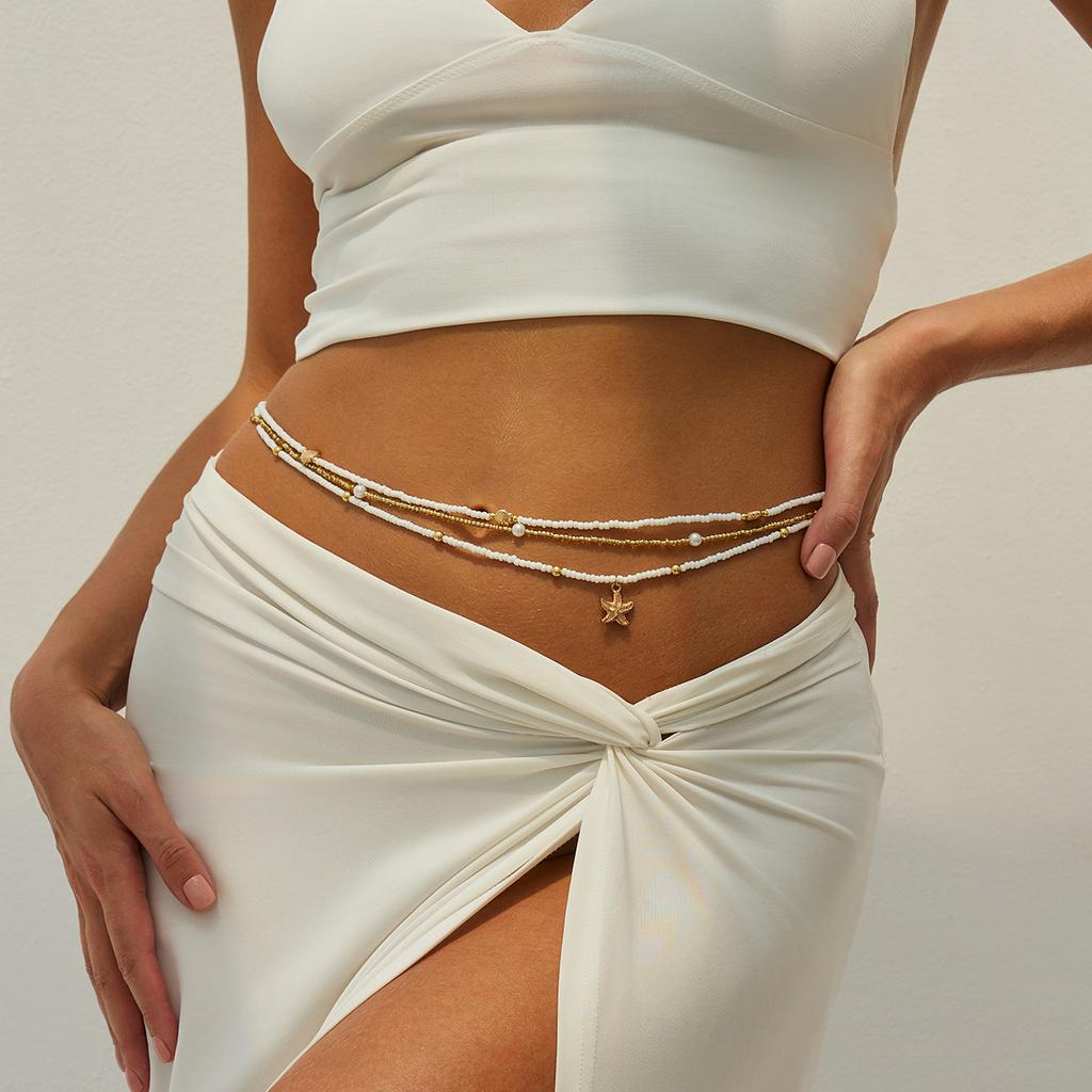 Beach Vacation Conch Starfish Imitation Pearl Waist Chain, Turtle Rice Bead Beaded Elastic Body Chain