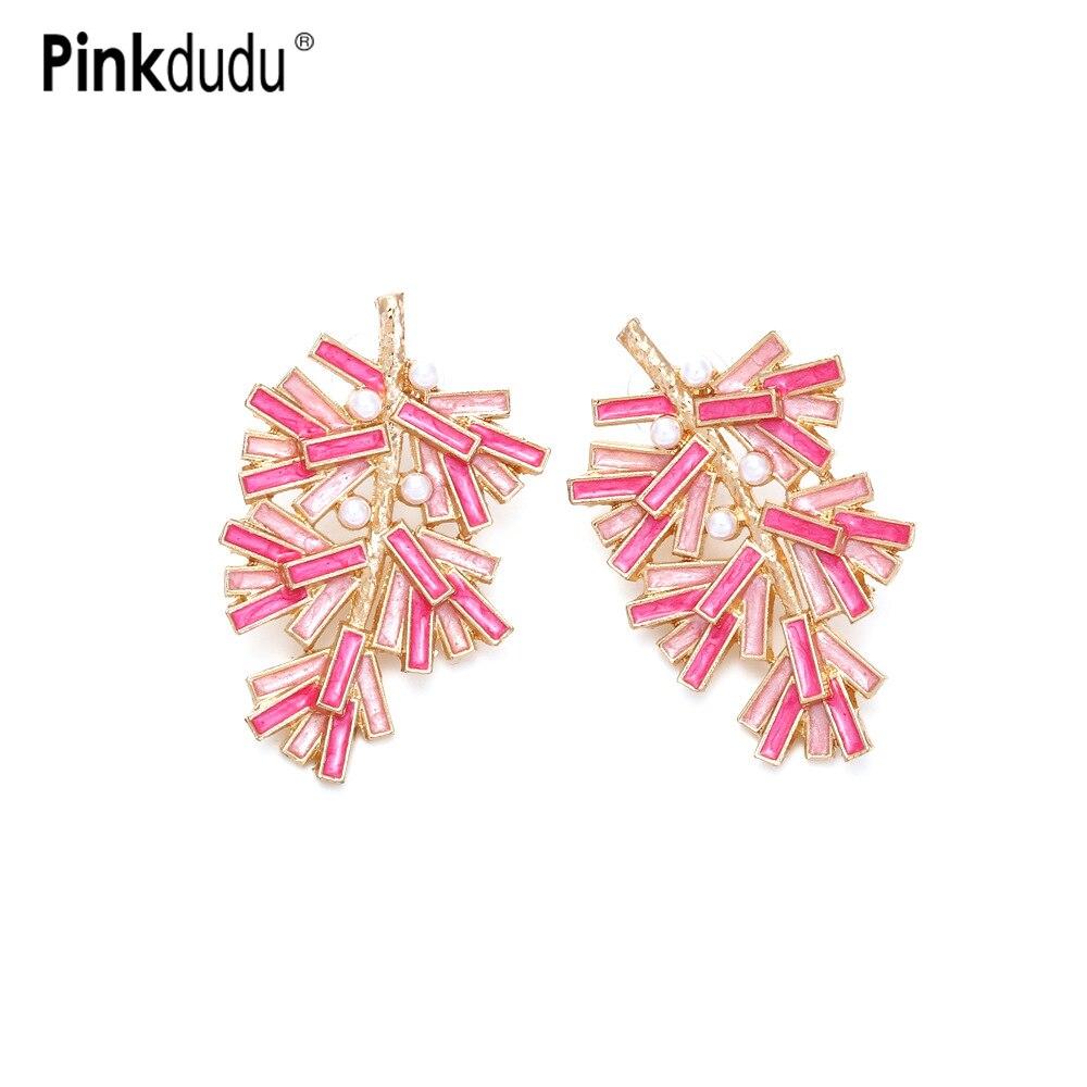 

Pinkdudu модные розовые серьги-гвоздики в виде листьев и веточек романтические индивидуальные серьги с имитацией жемчуга и синего металла для женщин ювелирные изделия PD1245