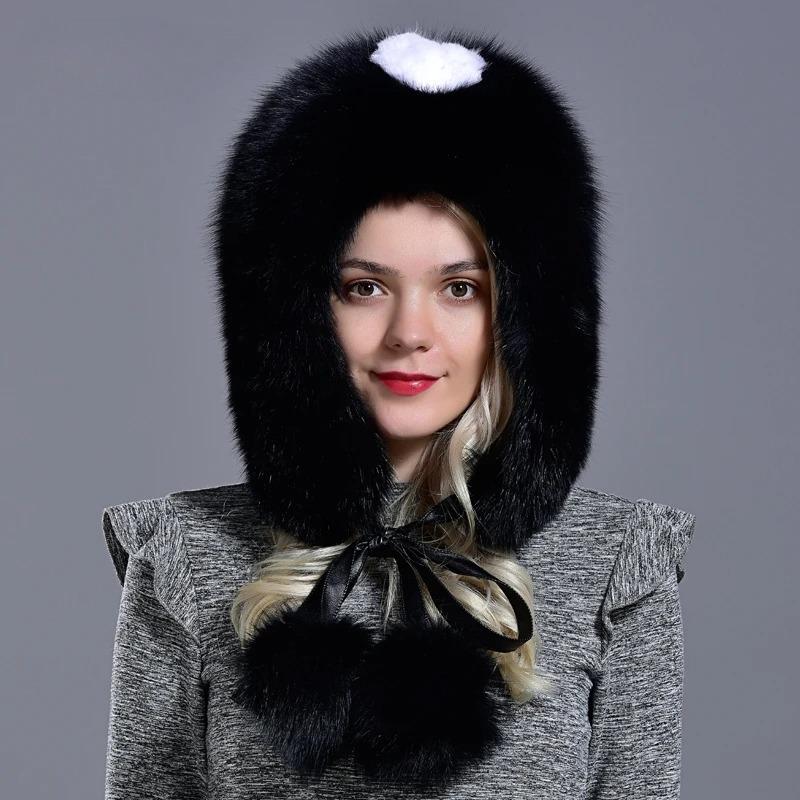 Womens Winter Hats and Caps Natural Fur Fox Hat with Tails 2 Balls Fluffy Fur Elegant Fashionable Stylish Warm Hat with Earflaps
