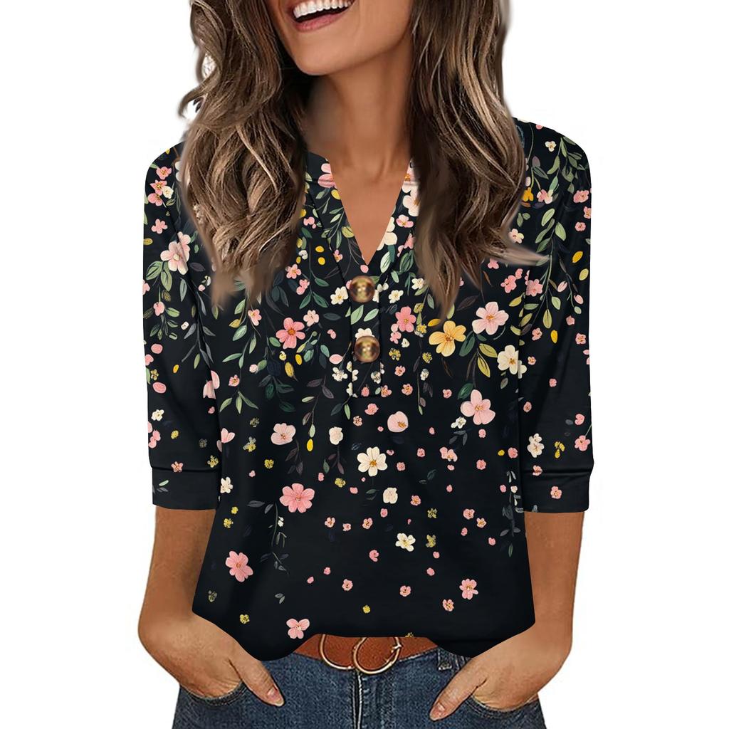 Ladies' Fashionable And Casual Floral Printed Three-quarter Sleeve Loose V-neck Button Shirt