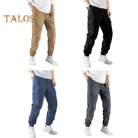 Men Cargo Pants Drawstring Elastic Waist Solid Color Muti Pockets Ankle-banded Loose Sport Trousers Daily Wear Casual Pants
