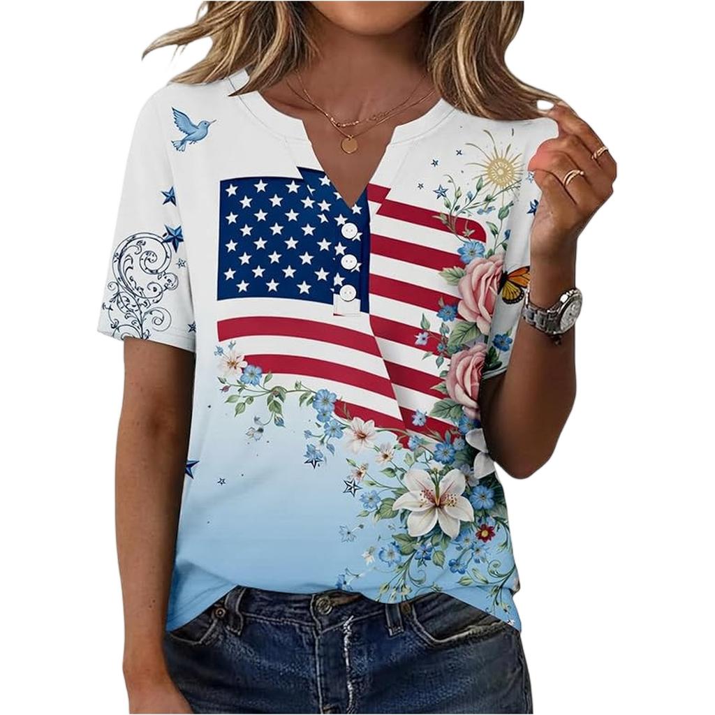 Women’s Short Sleeve Henley Neck T Shirt with Flag and Floral Print Button Casual Loose Fit Top