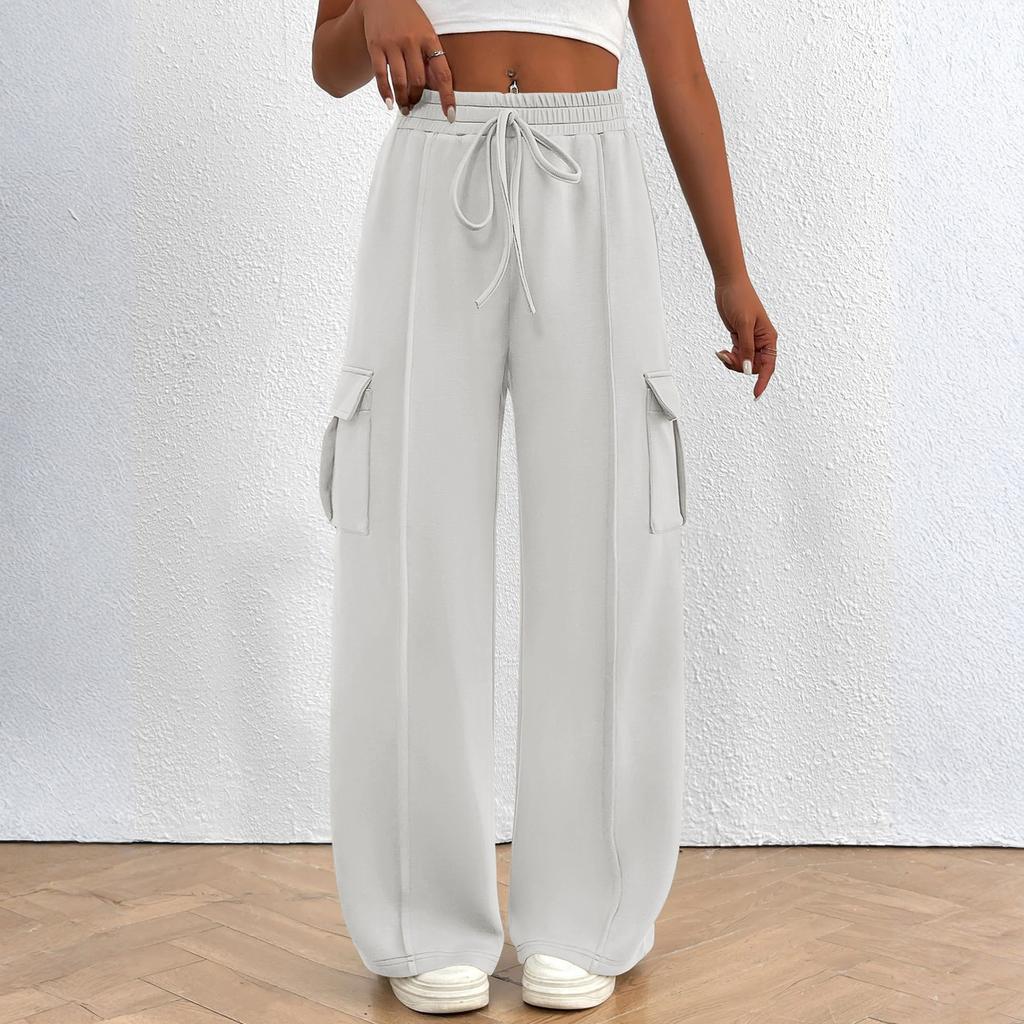 Women's Overalls Casual Lightweight Solid Color Trousers Drawstring Multi-Pockets Straight Leg Pants