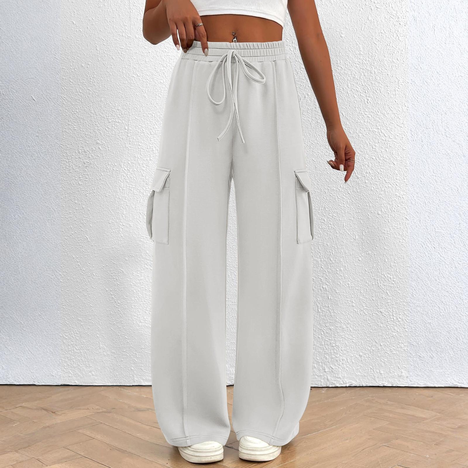 

Women s Overalls Casual Lightweight Color Trousers Drawstring Multi-Pockets Straight Leg Pants XL
