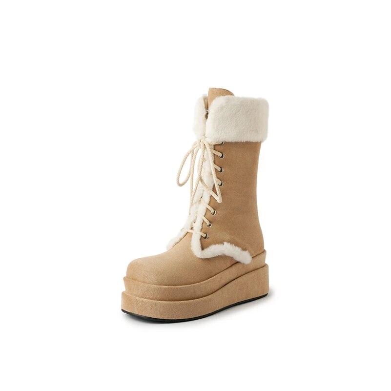 

Женские ботинки до середины икры, шерстяные армейские ботинки с круглым носком на плоской платформе и высоком каблуке на шнуровке и молнии, женская модная обувь, зимняя черная обувь 34 миндальный