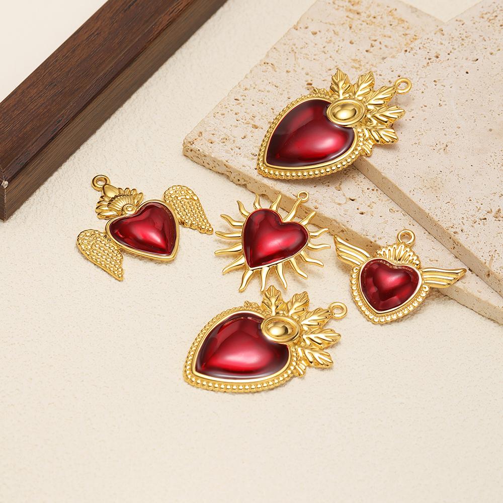 3Pcs Stainless Steel Classical Enamel Red Heart Wing Crown Charms DIY Women Jewelry Necklace Pendants Findings Earrings Making