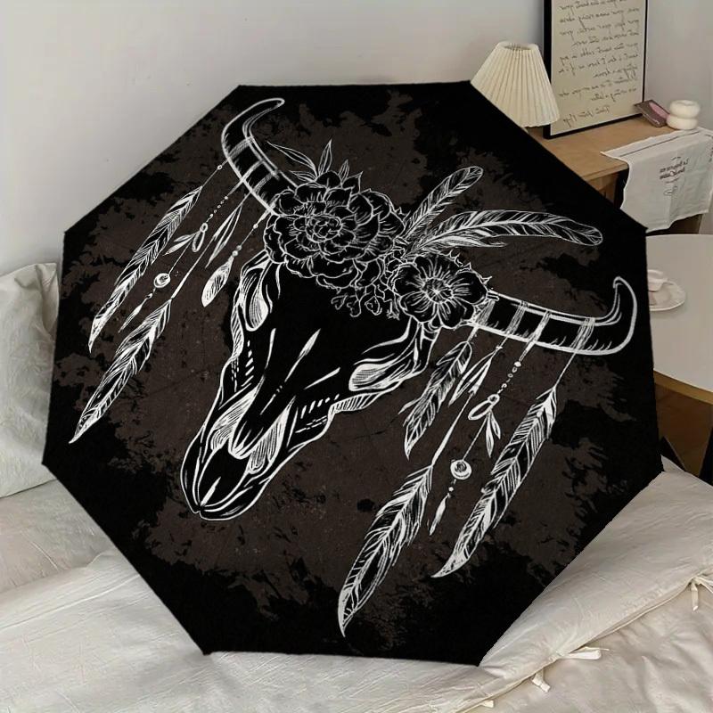 1PC Bull Skull Feathers Pattern Small Travel Compact Windproof Umbrella, Automatic Folding Umbrella, Automatic Open/Close ,Gift-161
