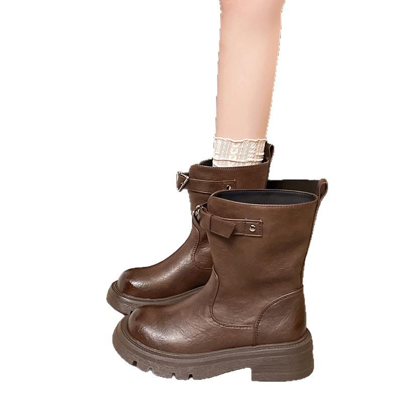 Round head belt buckle short boots women's autumn 2025 new retro versatile short fashion boots