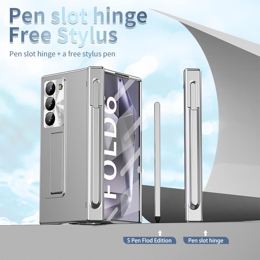 Galvanisiertes Klappgehäuse mit Stiftschlitz für Samsung Galaxy Z Fold 6 Fold5 Fold4 3 5G, gehärtete Folie, Hartschutz, Klapphülle, Halter, Ständer