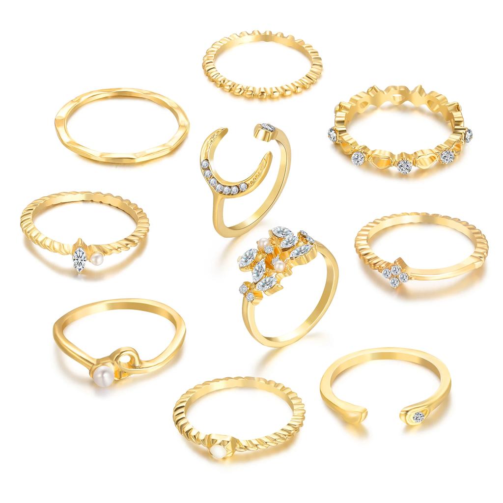 10 Pcs Rings Suit For Women Gold-color Chain Ring Set Bohemian Style Coin Snake Moon Star Party Trend Gift Zircon