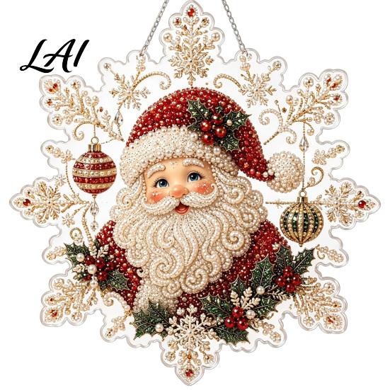 Festive Wall Hanging Ornament Christmas Faux Pearl Painting Suncatcher Kit Acrylic Snowflake Shaped Board with Lace Crystal Beading Craft Set