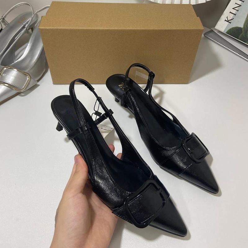 fashion 2024 Summer Ladies Sandals Back Strap Metal Buckle Casual Pointed Toe Stilettos Sliver Black Office Woman High Heeled Shoes