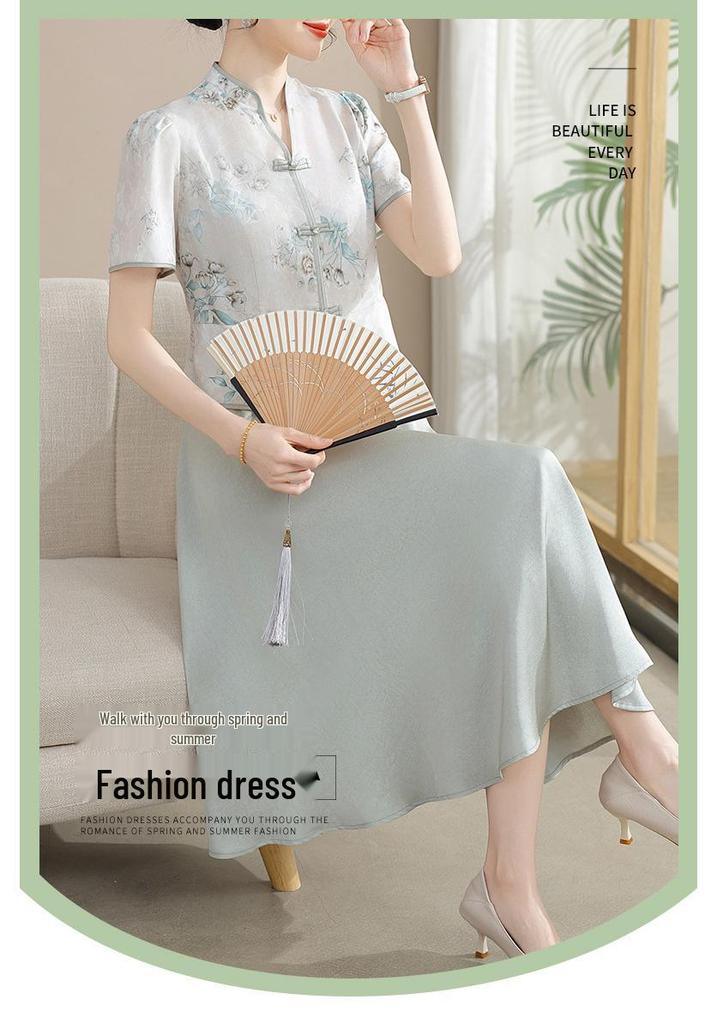 Elegant Chinese Style Short-Sleeved Dress for Middle-Aged and Elderly Women – Summer Slimming Two-Piece Look