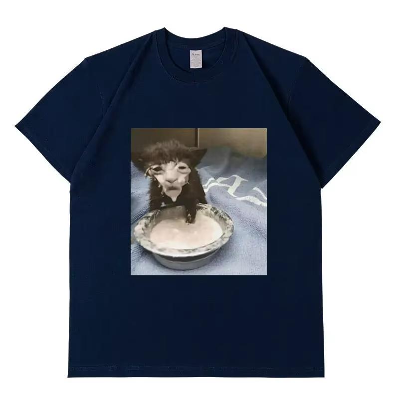2025 Summe Milk Face Cat Meme Print T Shirt Weird Humor Funny Cat Graphic Mens Women Fashion 100 Pure Cotton Printed Tshirt