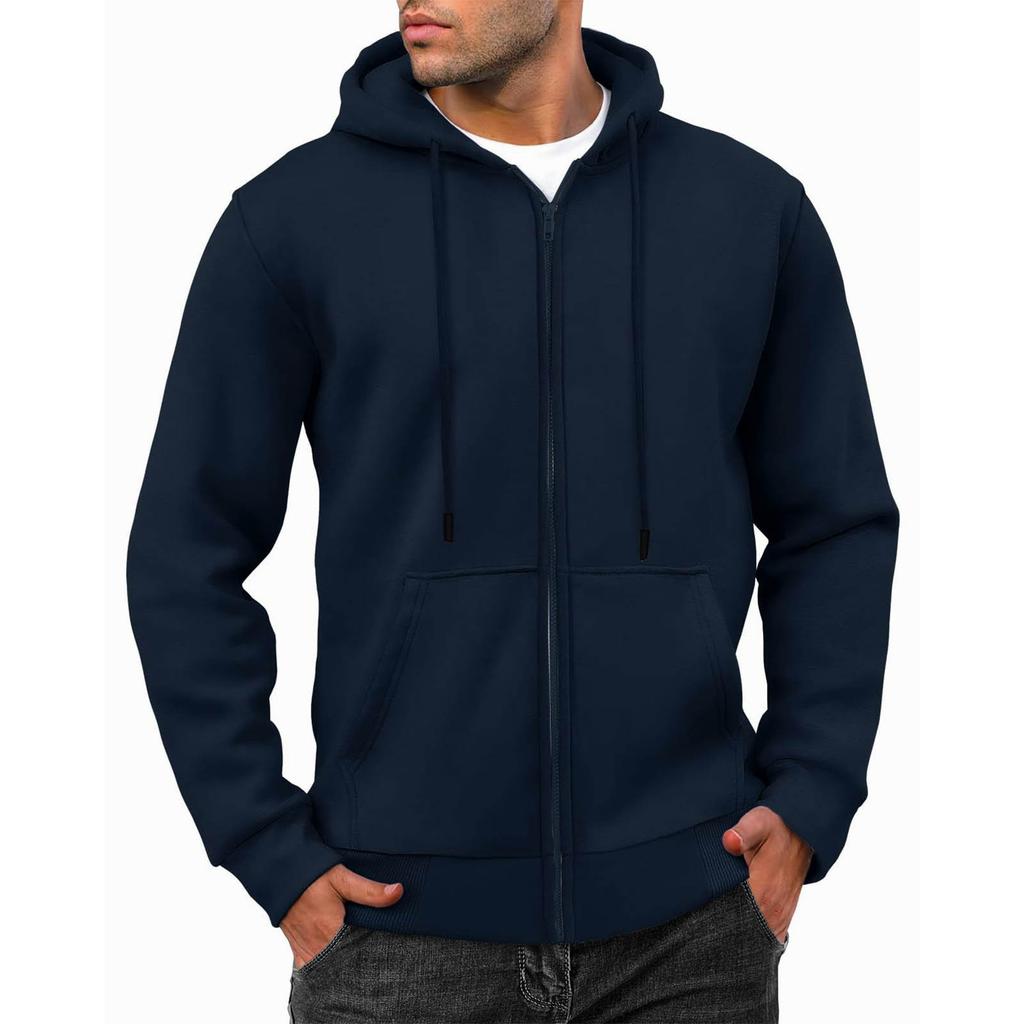 Men's Casual Loose Color Zippered Fleece Hooded Sweatshirt Sports Jacket