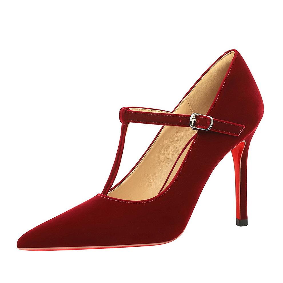 Neuankömmling Damen Spitzschuhe High Heels Sexy Stiletto Rote Sohle Wildleder T-Riemen Flacher Ausschnitt Elegant Einzelne Schuhe