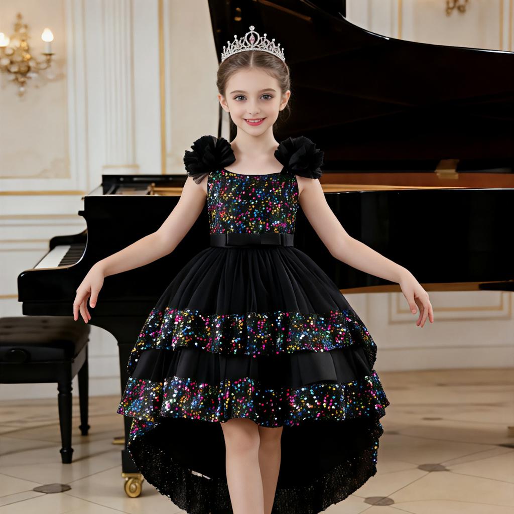 Pailletten-Prinzessinnenkleid: Formelles Kleid für Mädchen für Geburtstage und Partys – Schleife, Pailletten, Trägerlos, Schleppe