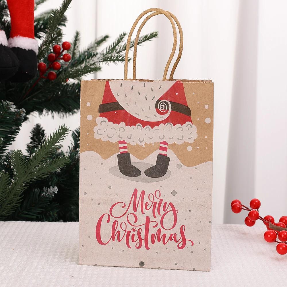 Kraft Paper Bag Christmas Packaging Gift Paper Handbag Santa Claus Snowman Pattern Merry Christmas Home Party Decor Candy Sack