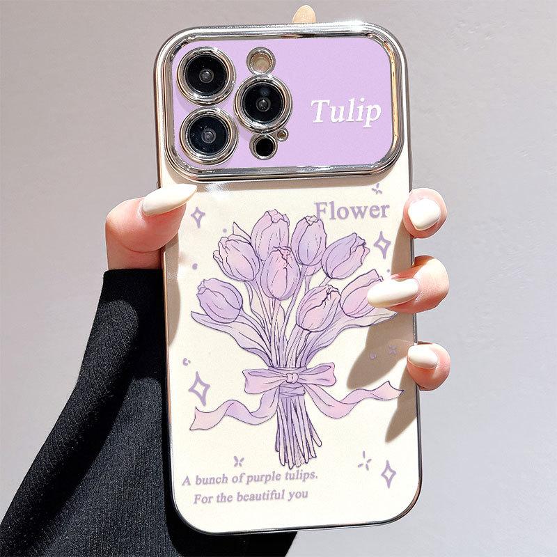 Large Windows for IPhone 15 Mobile Phone Midsummer Tulip Apple 13 Color Thick Apple 14 Electroplated Soft Shell