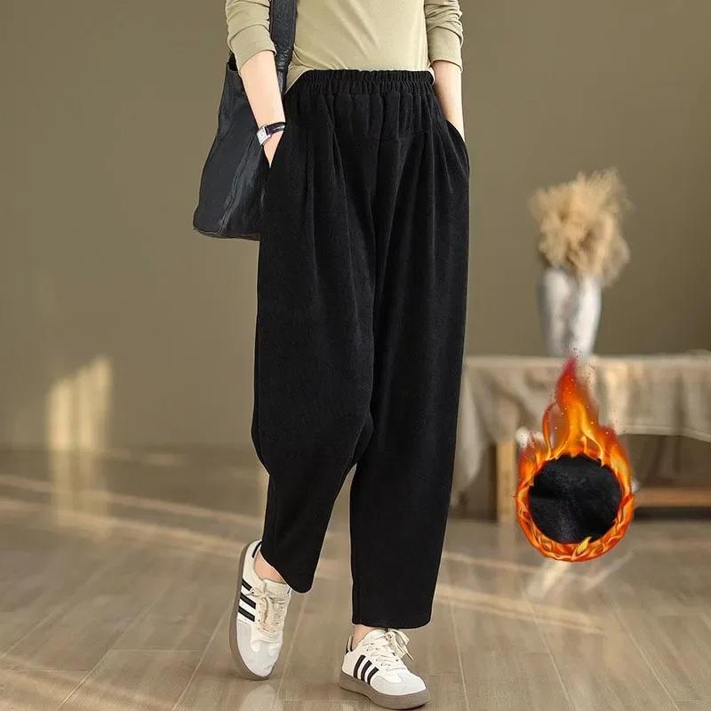 Autumn Winter New Fashion Elastic Waist Solid Women's Clothing Pockets Loose Casual Simplicity Trend Young Thicken Haren Pants 4XL