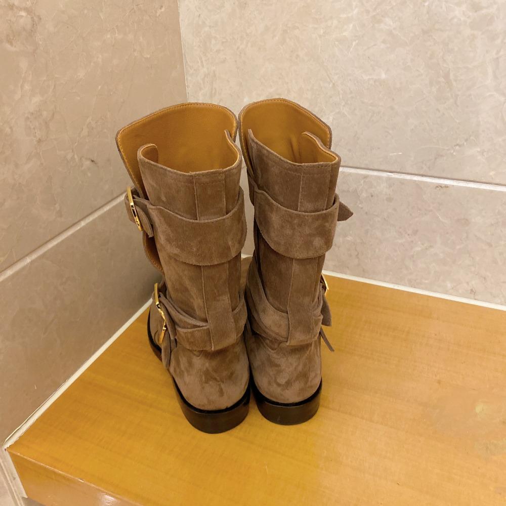 Short Boots Women Trend 2025 New Cow Suede Leather Buckle Cowboy Boots for Women Mid Calf Thick Heel Knight Boots Women's Shoes