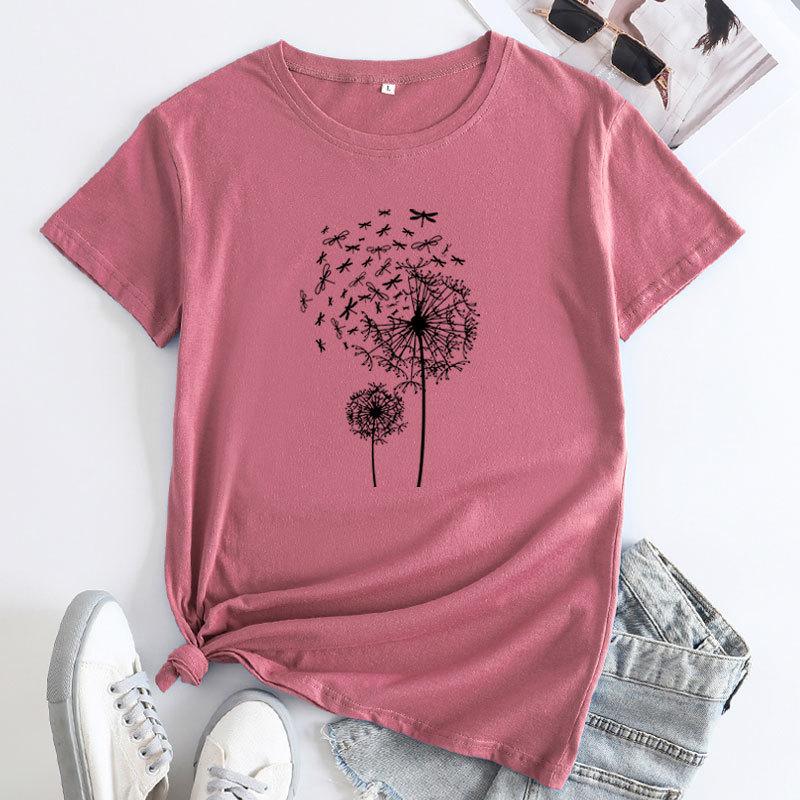 Summer Round Neck Dandelion Dragonfly Pattern Printed Top Fashionable Casual Short Sleeved Women's Pure Cotton T-shirts