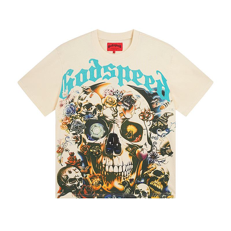 25SS Grensoverschrijdend Meichao Godspeed Schedel Rockband Basketbal Retro Korte Mouw T-shirt Koppels Dezelfde Stijl
