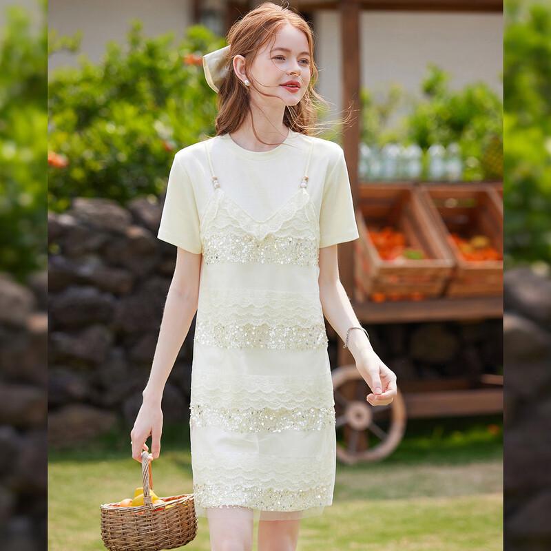 Bailuyu Women s Short Sleeve Fake Two-Piece Midi Dress S