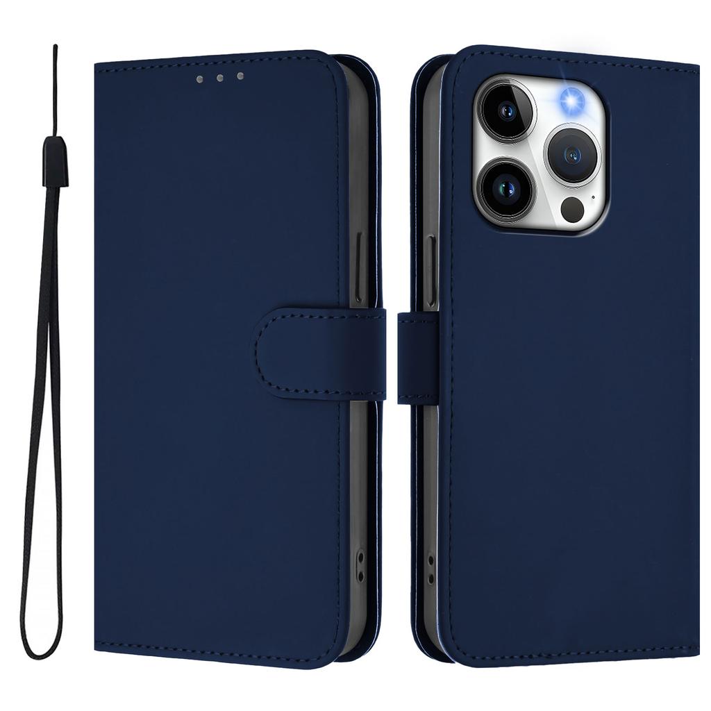 For iPhone 15 Pro Case Solid Color Wallet Leather Phone Cover with Strap