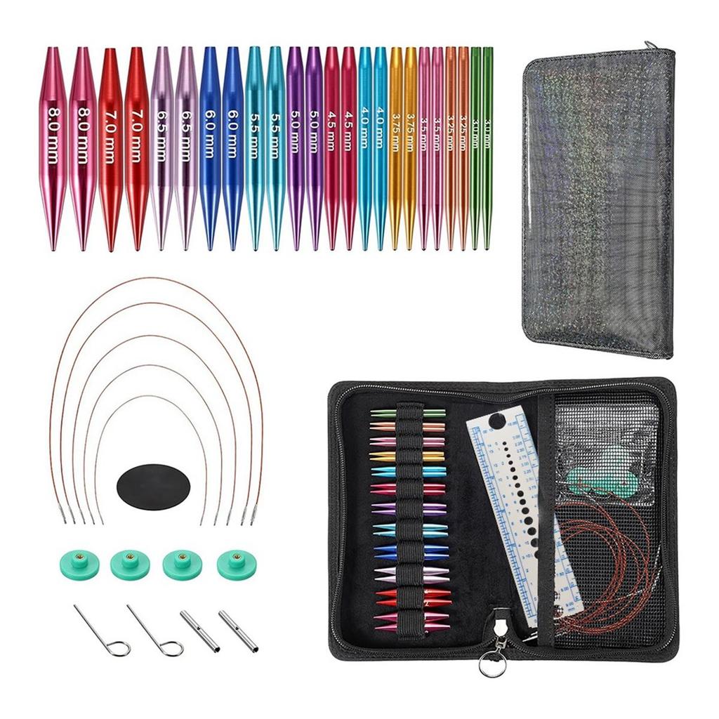 Short Interchangeable Knitting Needles Set, 2-Inch Metal Circular Knitting Needles Kit for Beginners, 12 Pairs