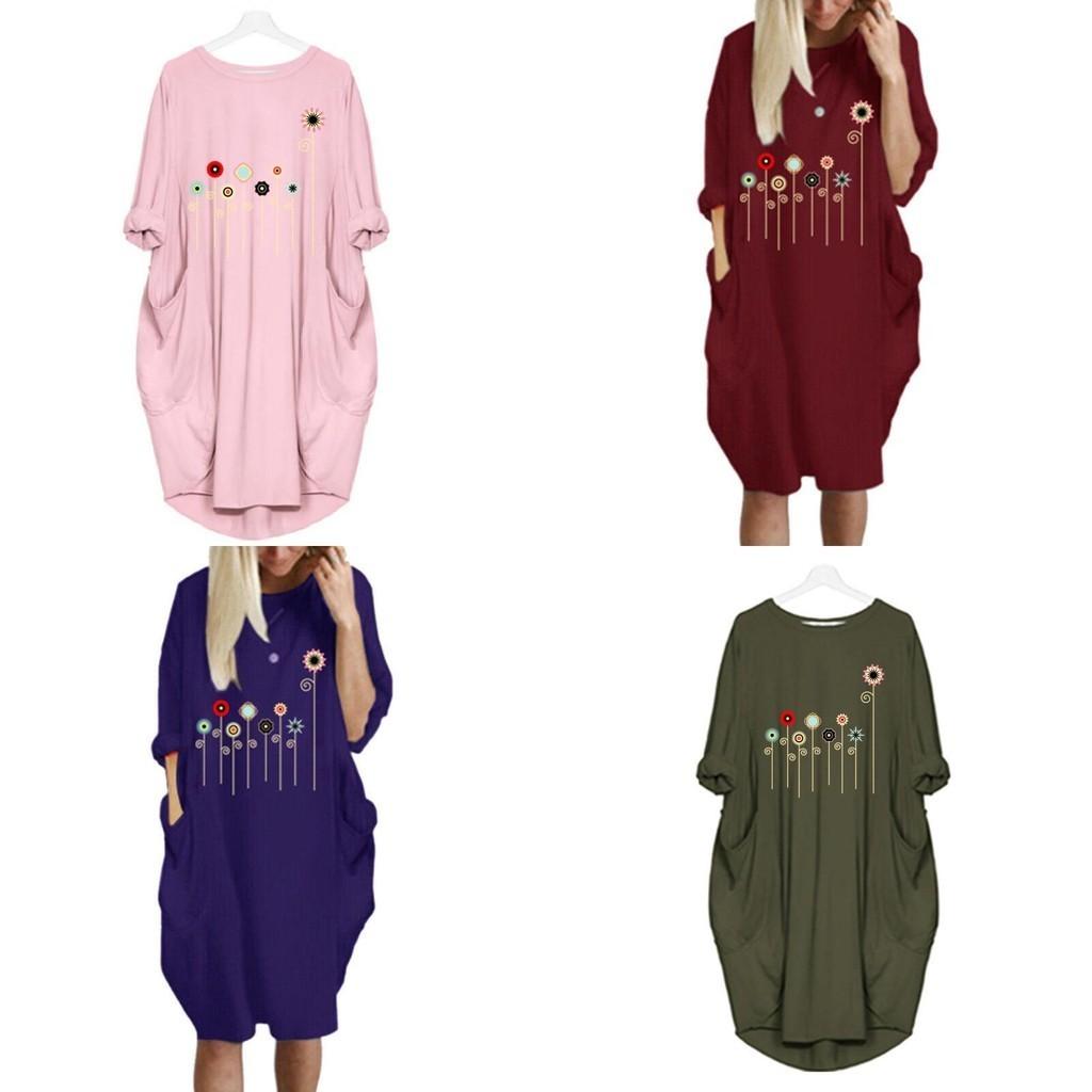 Women Dress Pullover Stylish Loose Fit Short Sleeve Casual Dress With Pocket